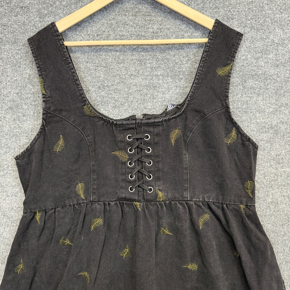 Disturbia Sz 16 Midi Pinafore Dress Black Cotton Blend Osmunda Fern Embroidered - Picture 3 of 12